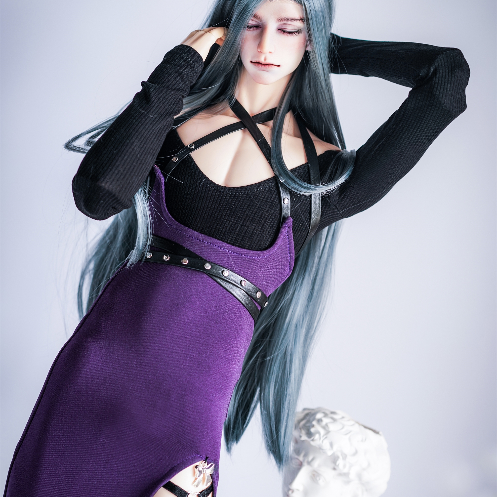 1/3,1/4 長袖トップス タイトスリットロングスカート セット服 黒紫 スーパードルフィー ドール服 オーダー