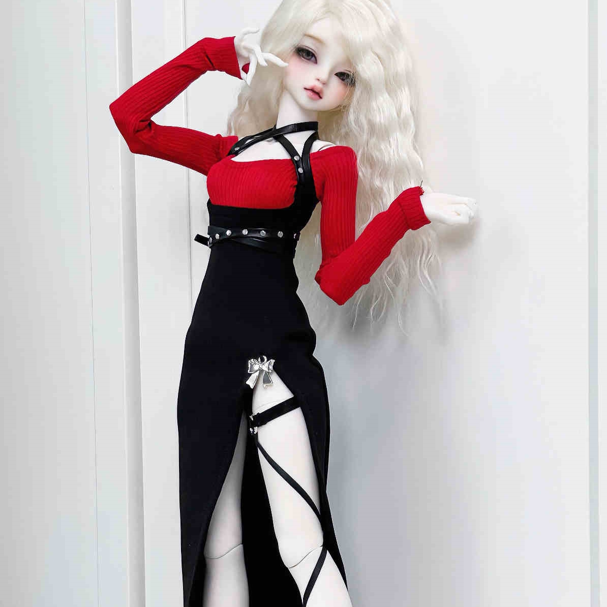 1/3,1/4 長袖トップス タイトスリットロングスカート セット服 赤黒 スーパードルフィー ドール服 オーダー