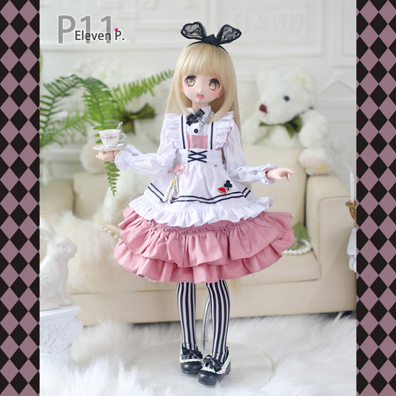 MSD,MDD,1/4 フリル アリス メイド ワンピース セット服 ピンク ドルフィードリーム ドールパンツ オーダー