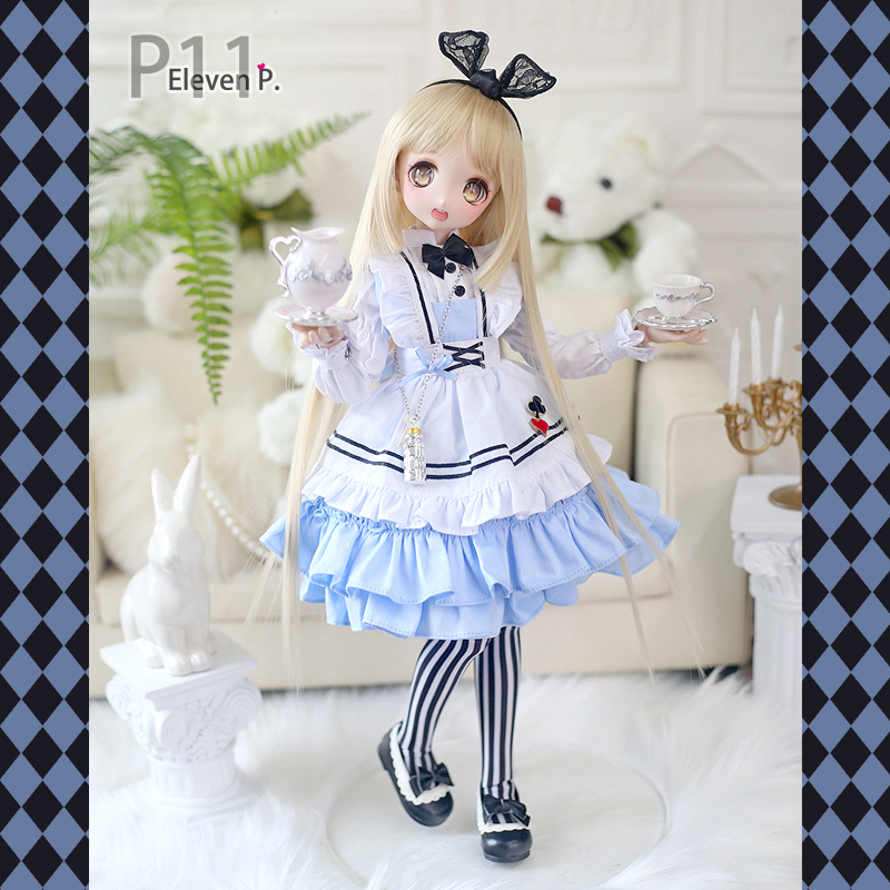 MSD,MDD,1/4 フリル アリス メイド ワンピース セット服 水色 ドルフィードリーム ドールパンツ オーダー