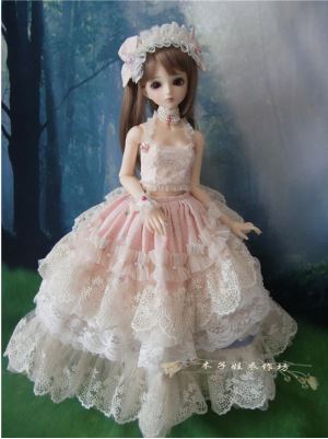 ドール服　SD/DDサイズ人形洋服　ピンクとレースのドレス