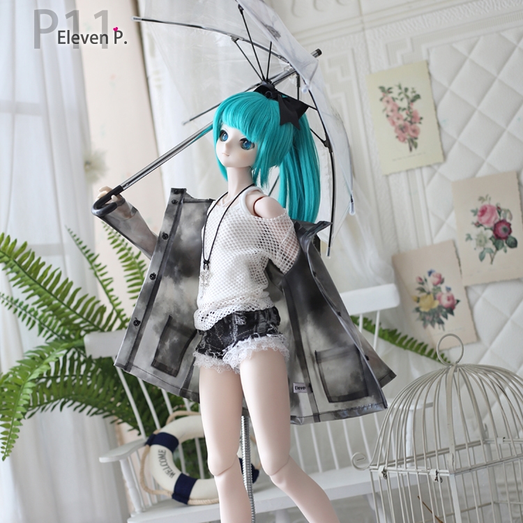 1/3,DD ネットレイヤード Tシャツ パンツ セット服 白 レインコート付 ドルフィードリーム ドール服 オーダー