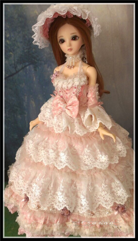 ドール服　SD/DDサイズ人形洋服　レースとリボンのドレス　ピンク