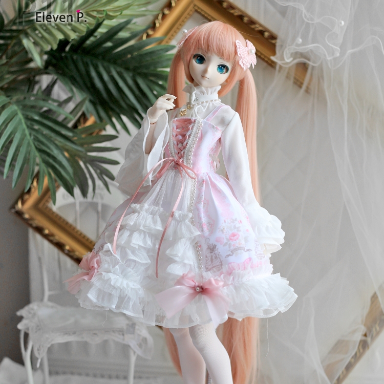 1/3,SD,DD シフォン ピンク ドレス 鳥かごプリント ベーシックセット ドルフィードリーム ドール服 オーダー