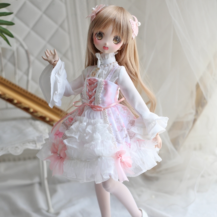 1/4,MSD,MDD シフォン ピンク ドレス ベーシックセット 鳥かごプリント ドルフィードリーム ドール服 オーダー