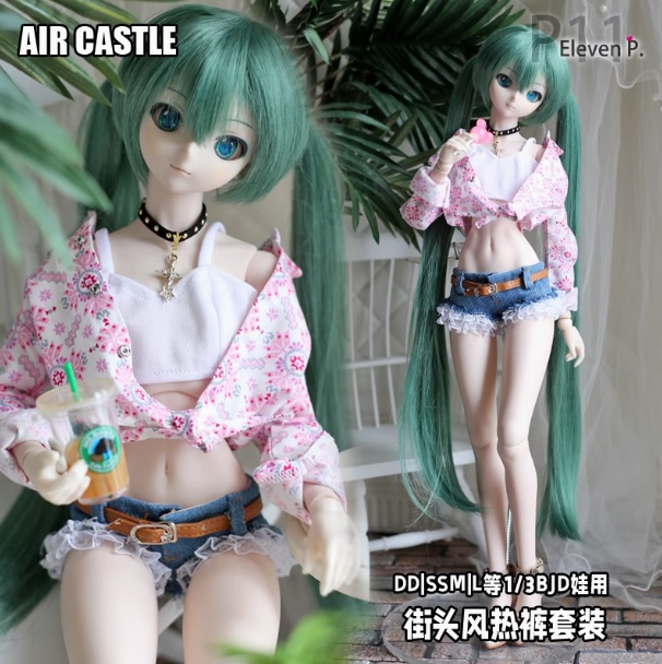 1/3,DD,SD 前結びシャツ デニム ショートパンツ セット服 ピンクフラワー ドルフィードリーム ドール服 オーダー
