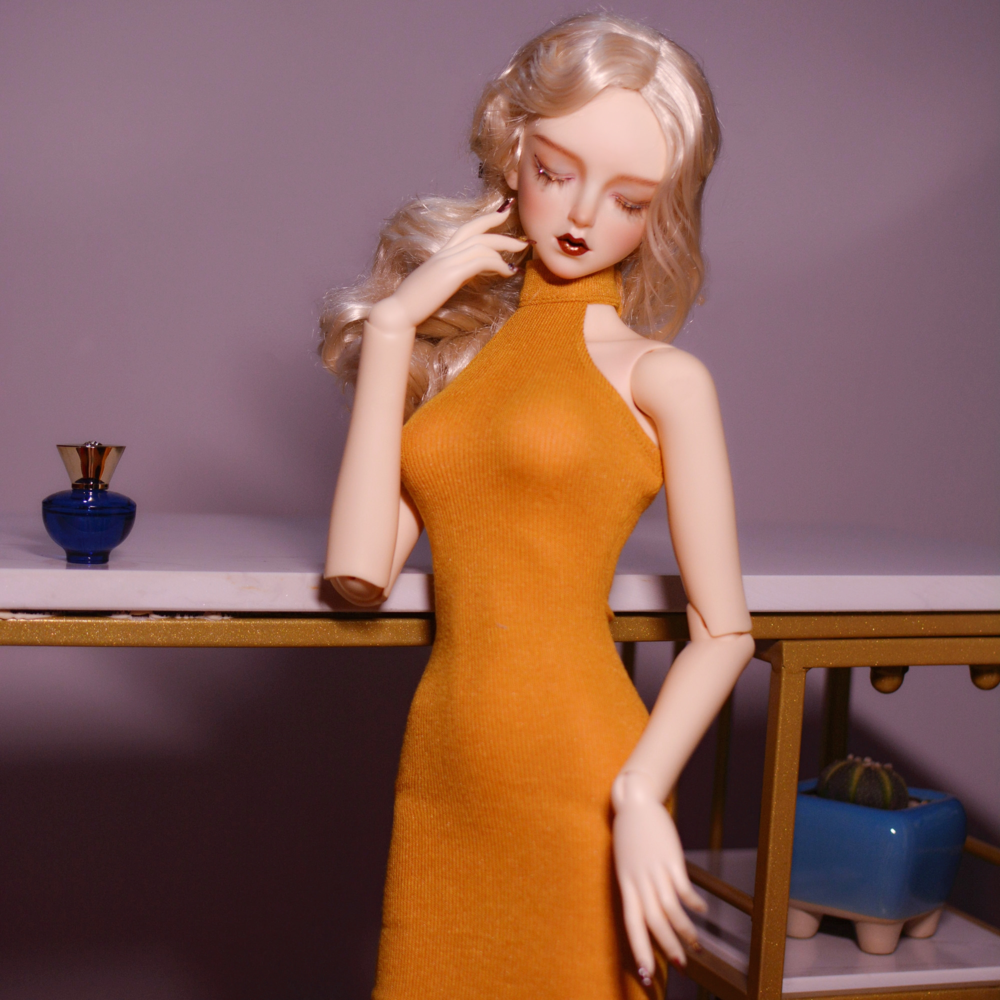 1/4,MDD,MSD ホルターネック ボディコン ミニワンピース からし色 ドルフィードリーム ドール服 オーダー