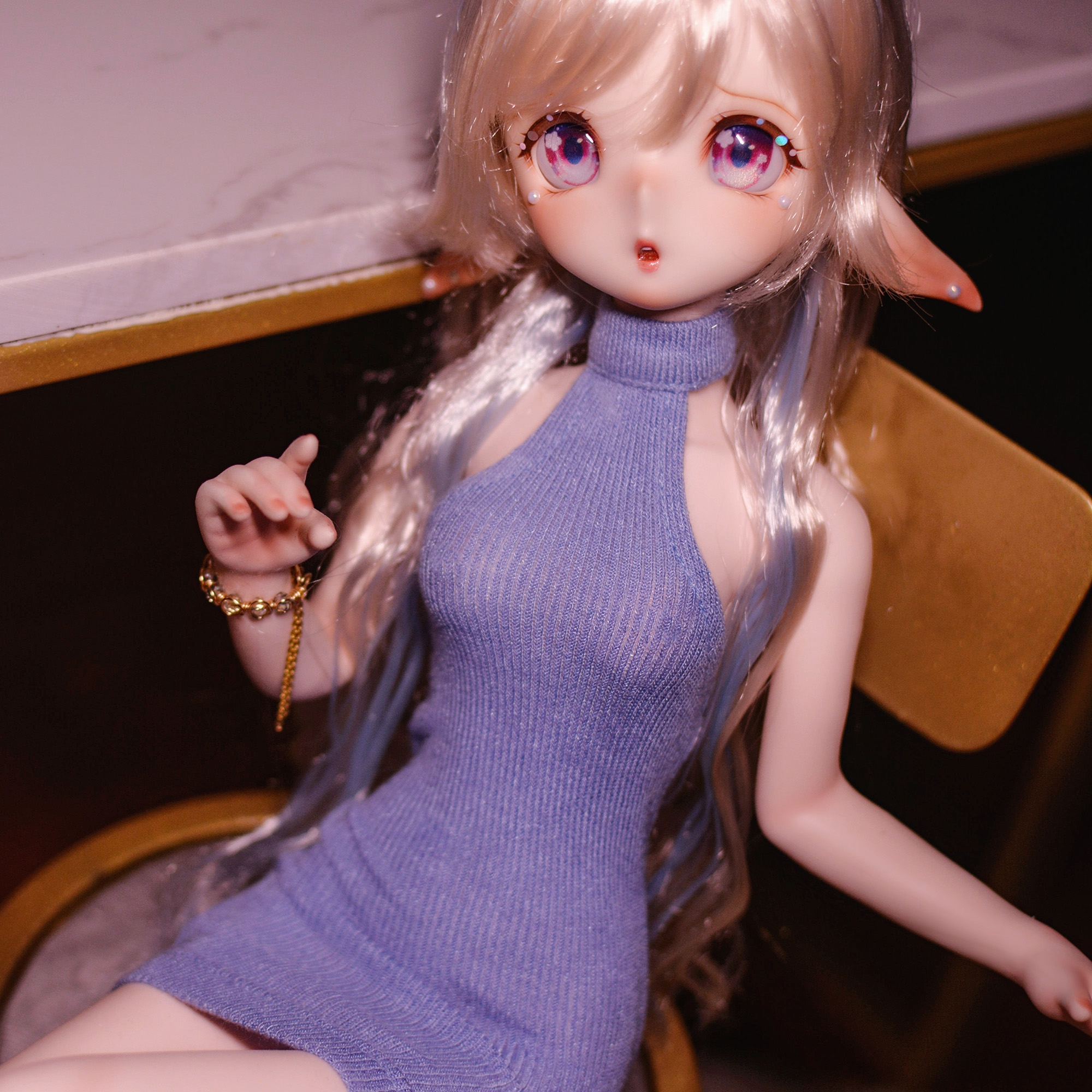 1/4,MDD,MSD ホルターネック ボディコン ミニワンピース 青 ドルフィードリーム ドール服 オーダー