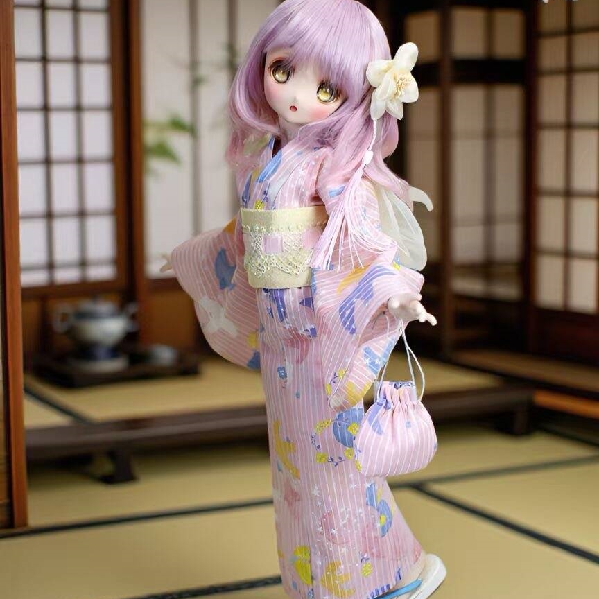 1/4,MDD,MSD 浴衣 セット ピンク 鳥 ドルフィードリーム ドール着物 オーダー