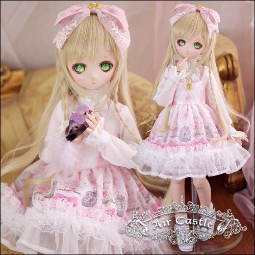 MSD,MDD,1/4 シフォン ドレス セット服  鳥かごプリント ピンク ドルフィードリーム ドール服 オーダー