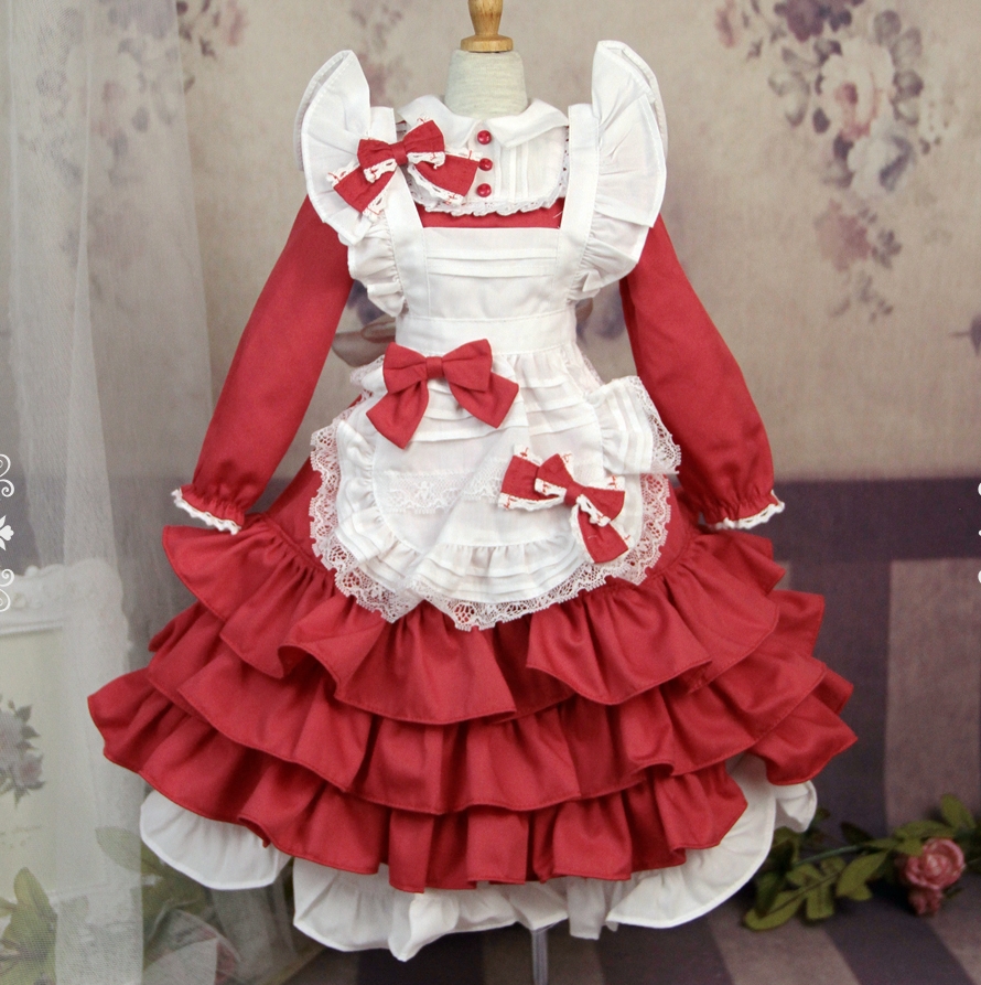 1/4,MSD,MDD レトロメイド風ドレスセット服 赤 ドルフィードリーム 人形洋服 オーダー