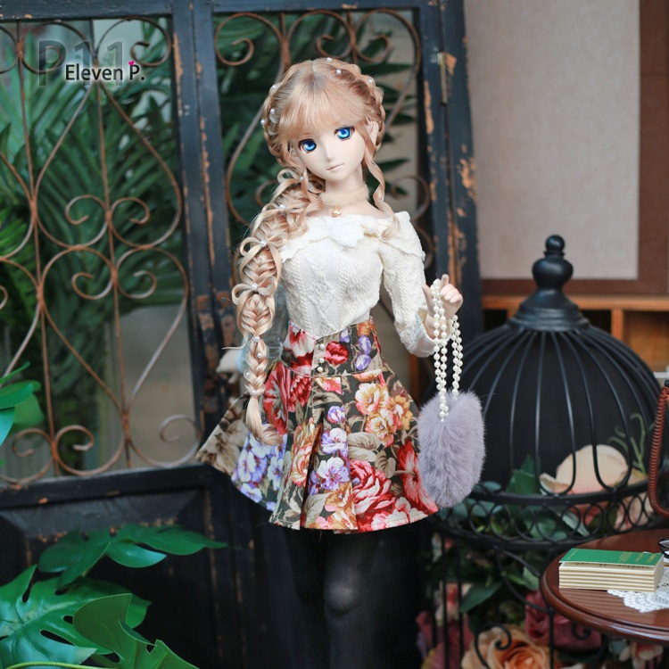 1/3,DD,SD リボンオフショルダー長袖トップス ブラウン花柄ハイウエストスカート セット服 ドルフィードリーム 人形洋服 オーダー