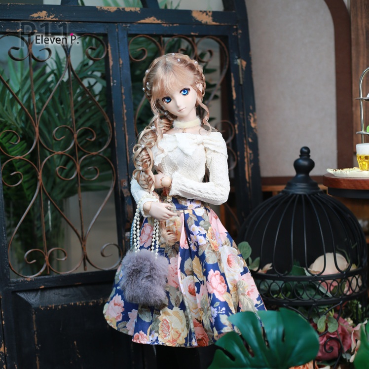 1/3,DD,SD リボンオフショルダー長袖トップス 青花柄膝丈ハイウエストスカート セット服 ドルフィードリーム 人形洋服 オーダー