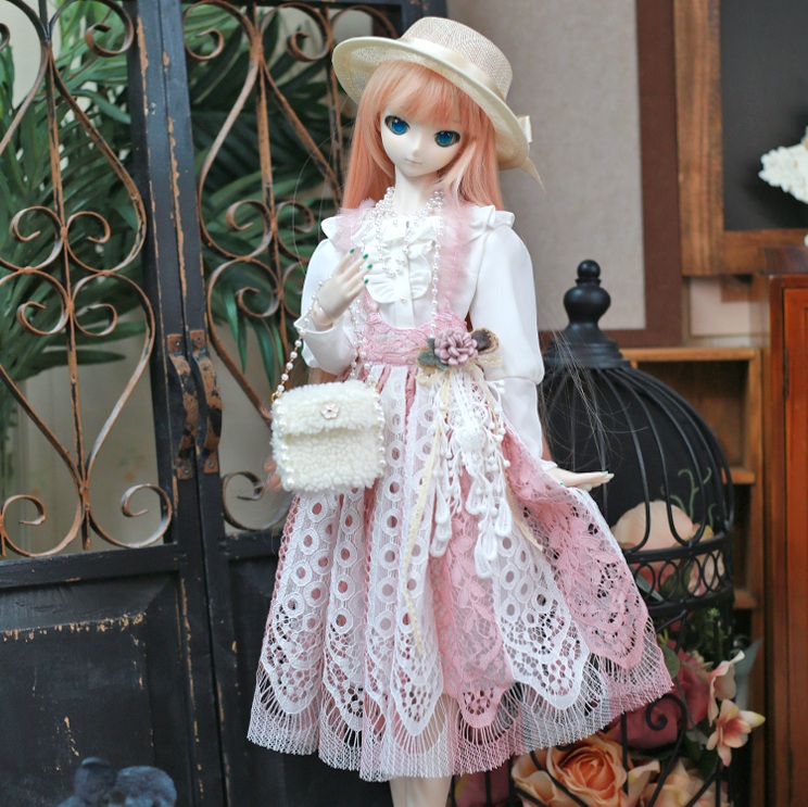 1/3,DD,SDGR ロングピンク白 エレガント ブラウス レース サスペンダースカート セット服 ドルフィードリーム ドール服 オーダー