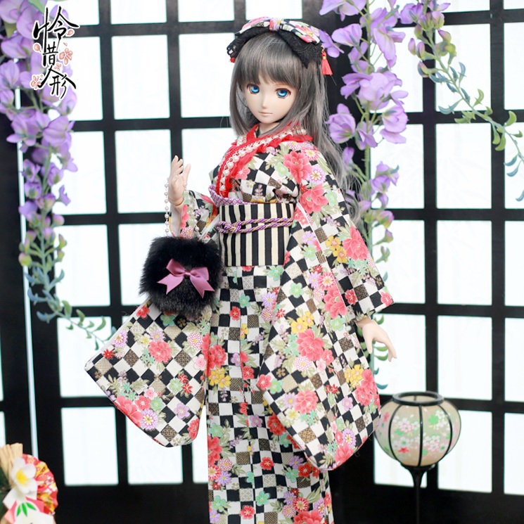 1/3,DD,SD モダン黒 振袖 着物セット ドルフィードリーム 人形着物 オーダー